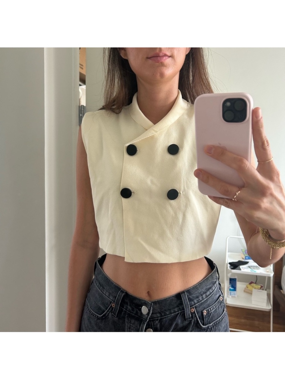 Zara Cream Double-Breasted Cropped Vest with Black Buttons